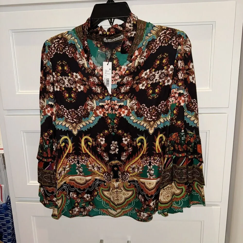 Alice and Olivia Liberty Printed Button-Front Tiered Ruffled Blouse Small - Picture 7 of 13